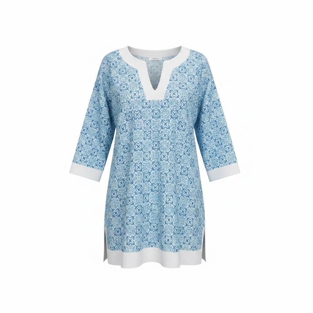 Jude Connally Blue White V Neck Dress Comfortable Classic Travel Resort Size L